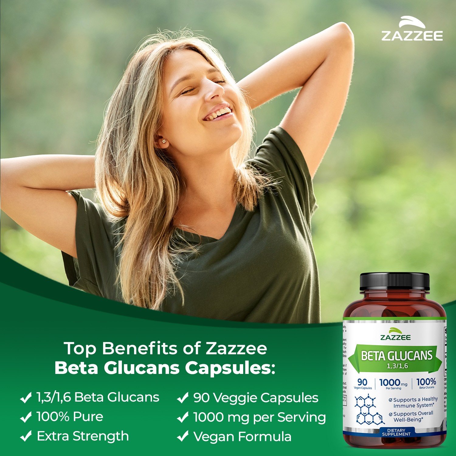Extra Strength 1,3/1,6 Beta Glucans 1000 mg, 100% Glucan Content, 90 Vegan Caps