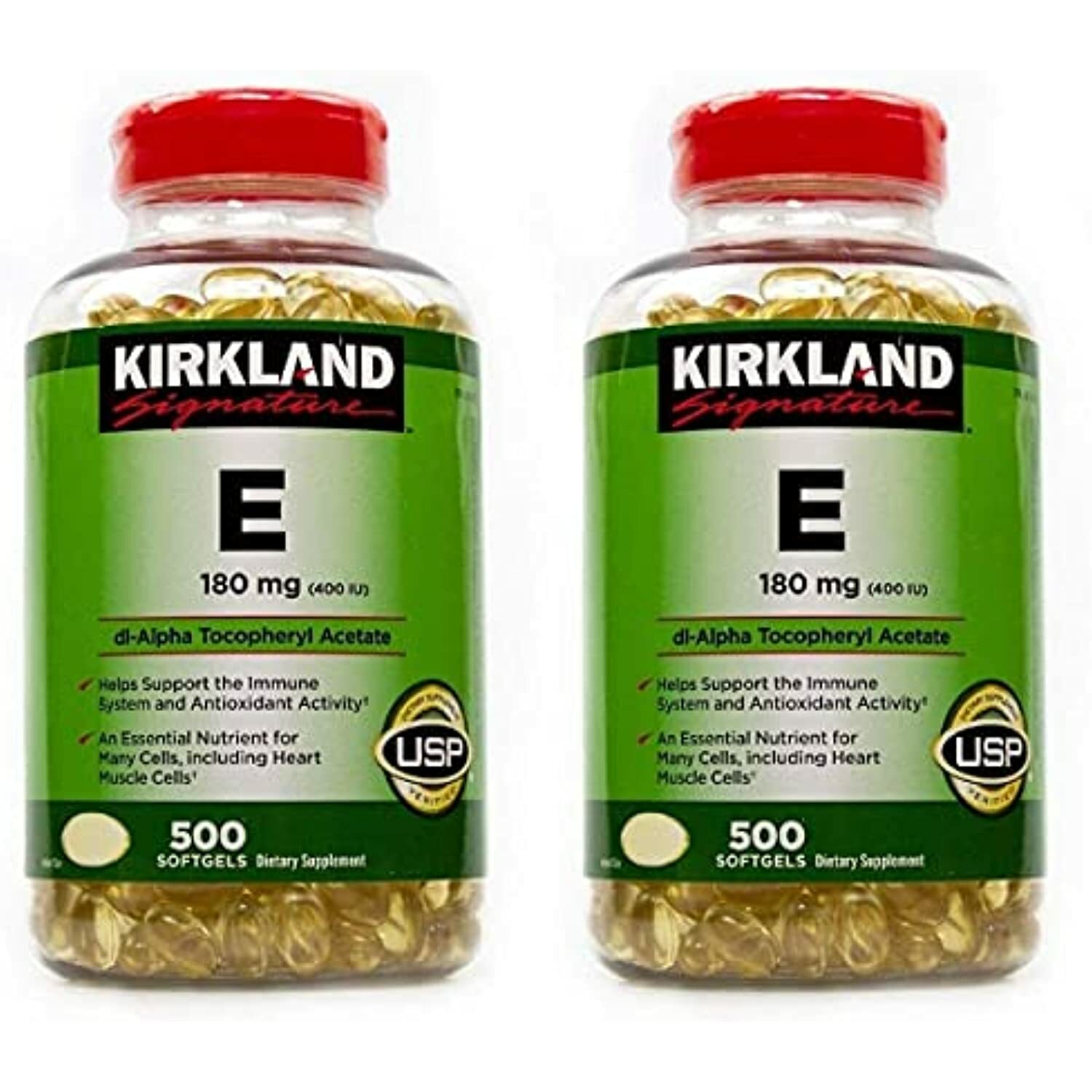 Kirkland Signature Vitamin E 400 I.U. 500 Softgels, Bottle, Yellow Pack of 2