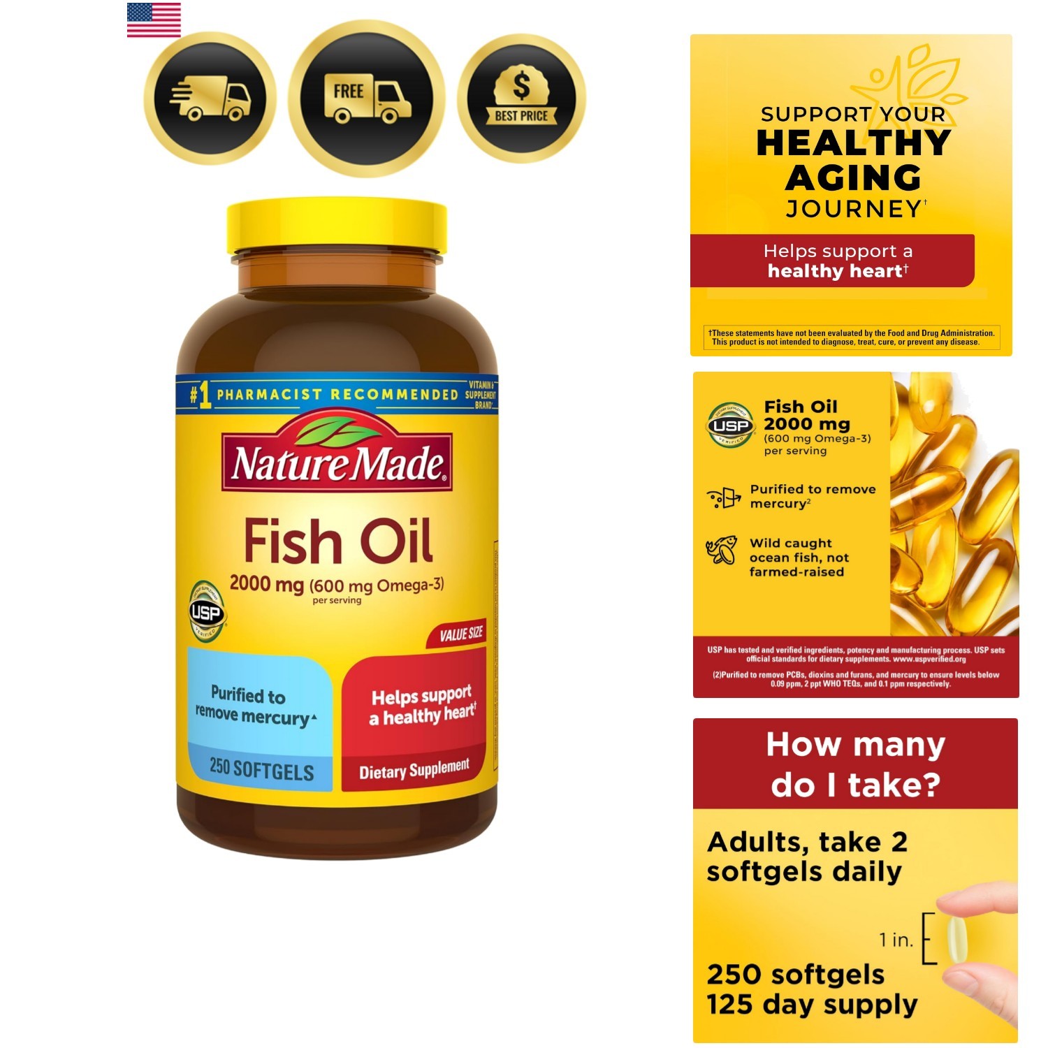 Fish Oil Omega 3 Supplements, 2000mg Per Serving Softgels, Omega 3 Fish Oil f…