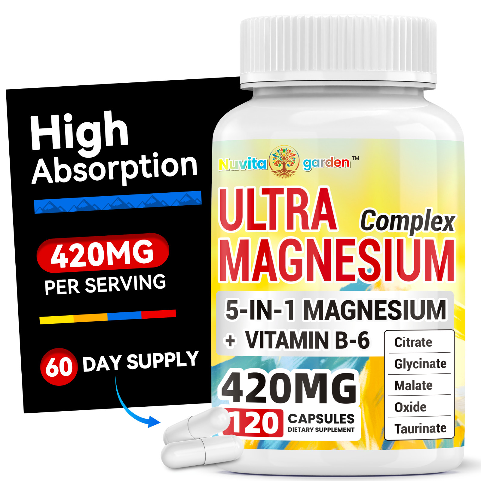 420mg Magnesium Complex Supplement + Vitamin B6 for Sleep, Muscle, Energy&Heart