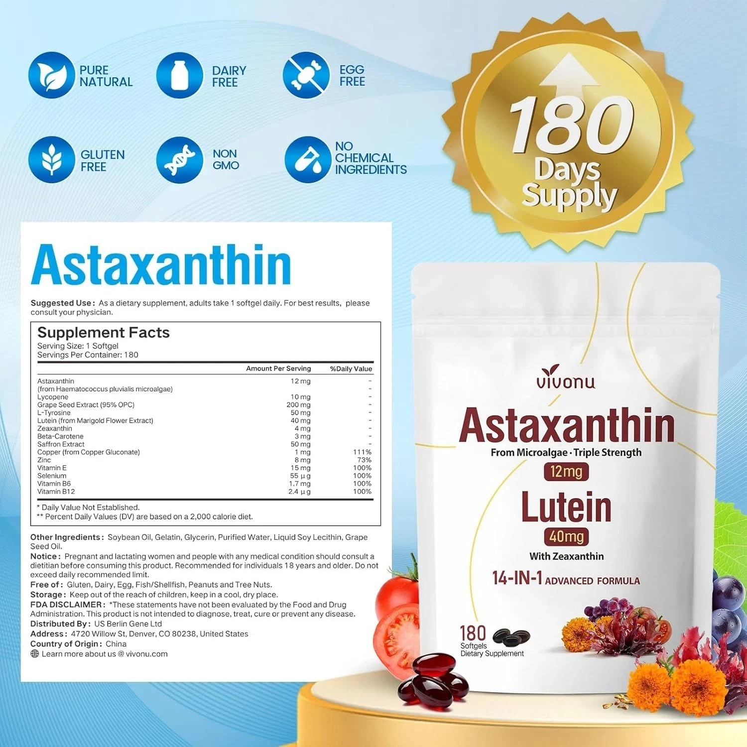 VivoNu 14-in-1 Astaxanthin 12mg & Lutein 40mg with Zeaxanthin Supplements, 6 Mon
