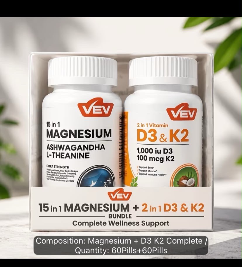 VEV 15-in-1 Magnesium Ashwagandha + 2-in-1 Vitamin D3 K2 Bundle 2 Bottle