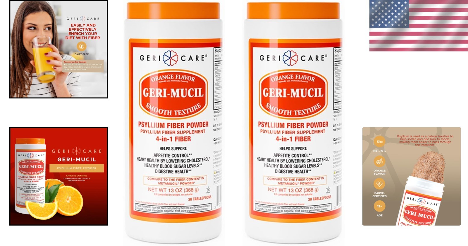 Geri-Mucil 4-In-1 Orange Psyllium Husk Powder – Fiber Supplement (13oz, 2 Pack)