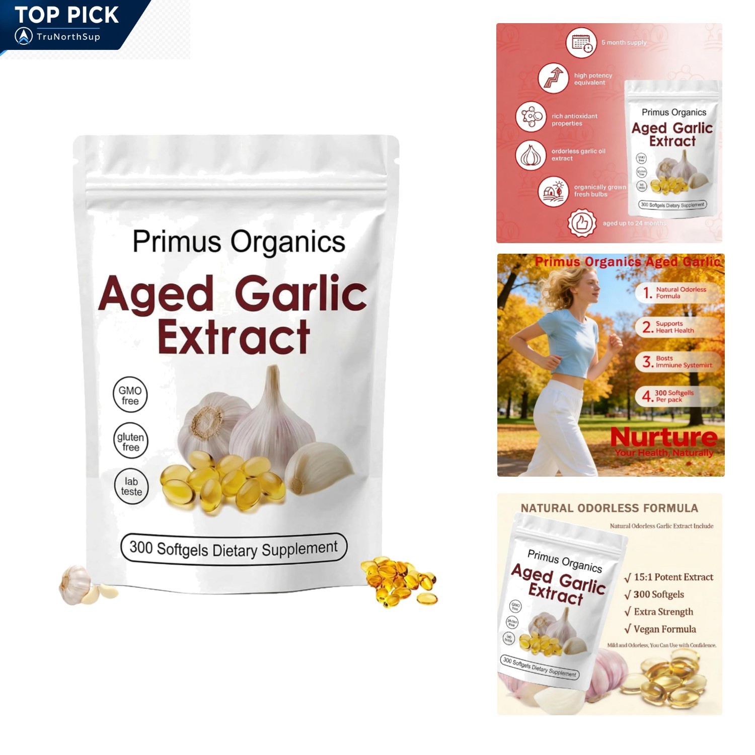 Primus Aged Garlic Extract Softgels 24 Odorless All-Natural Vegetarian 300 C…