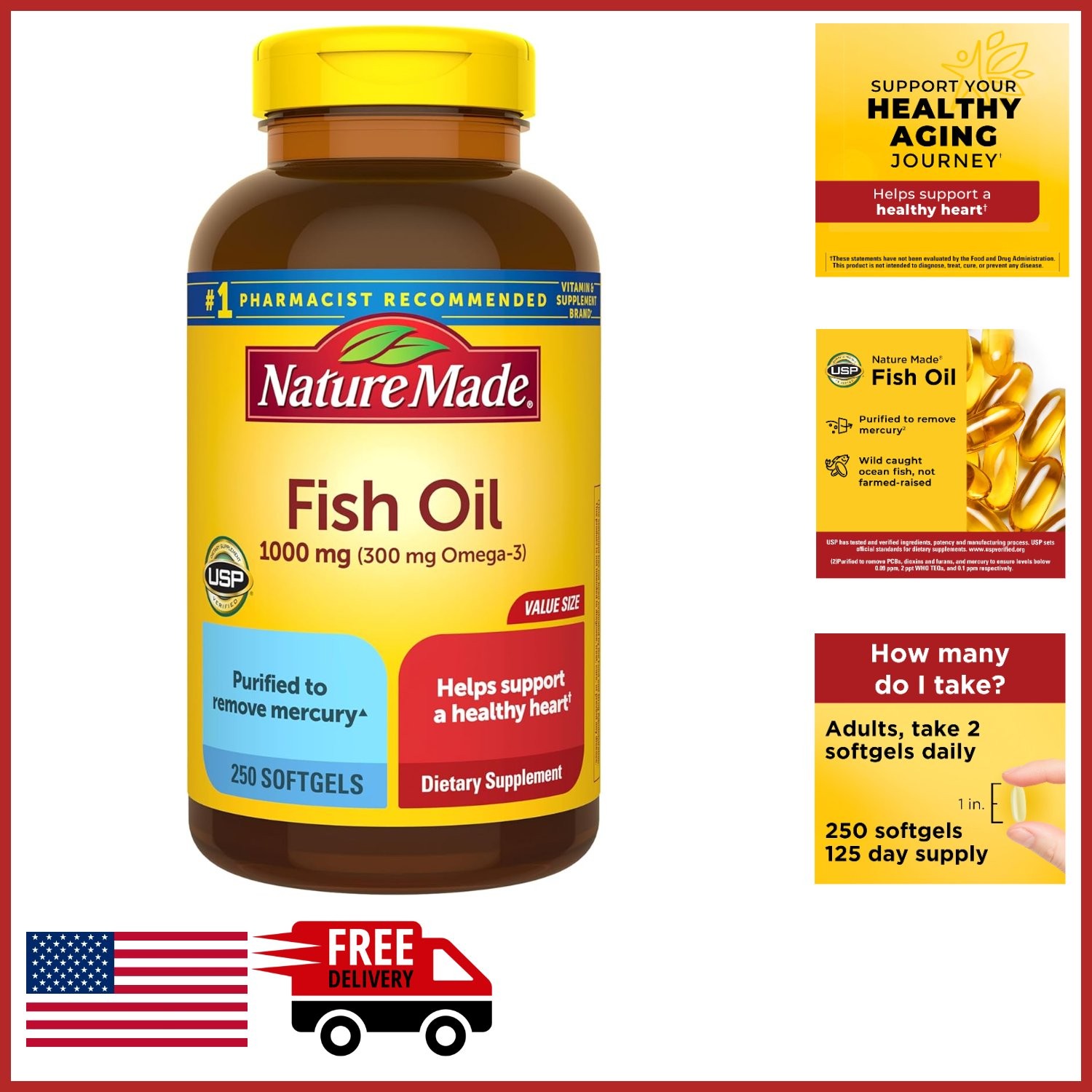 Gluten Free Omega 3 Fish Oil 1000mg Softgels for Heart Health 125 Day Supply