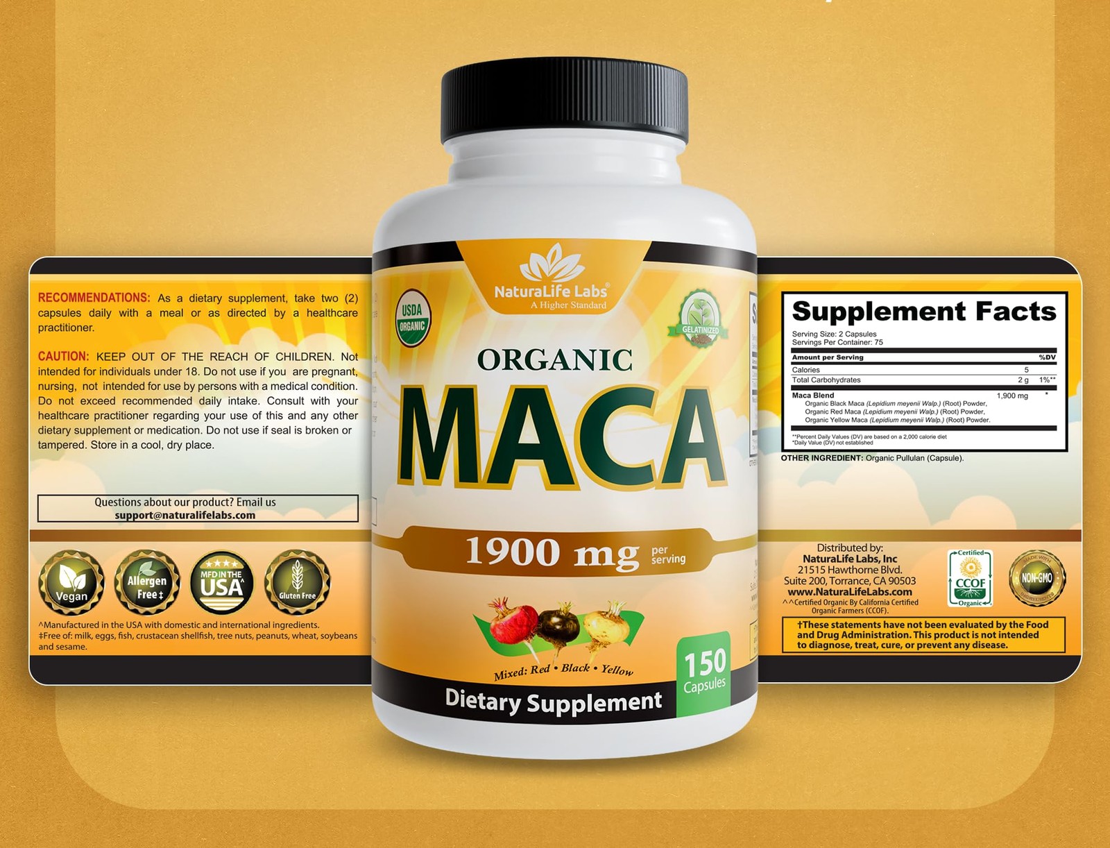 NaturaLife Labs Organic Maca Root – Black, Red & Yellow – 1900 mg per Serving…