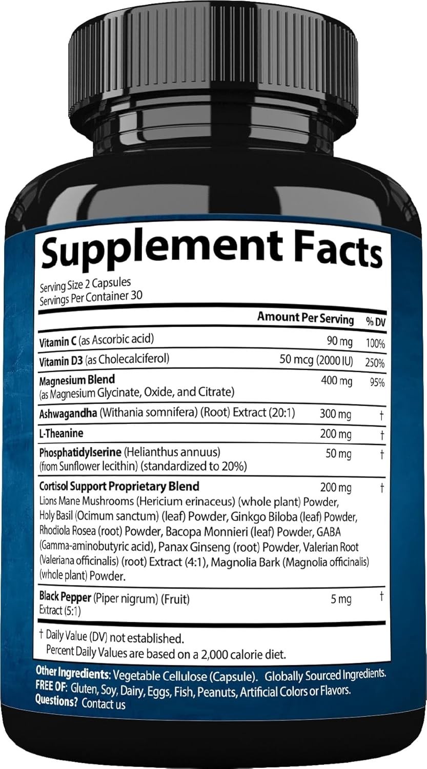 Natural Stress & Sleep Support Supplement: Magnesium, Ashwagandha – 60 Capsules