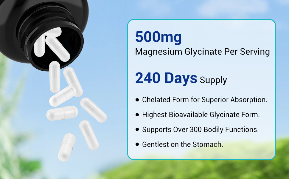 Magnesium Glycinate Supplement 500 mg Muscle Cramps, Sleep, Relax – 240Caps USA