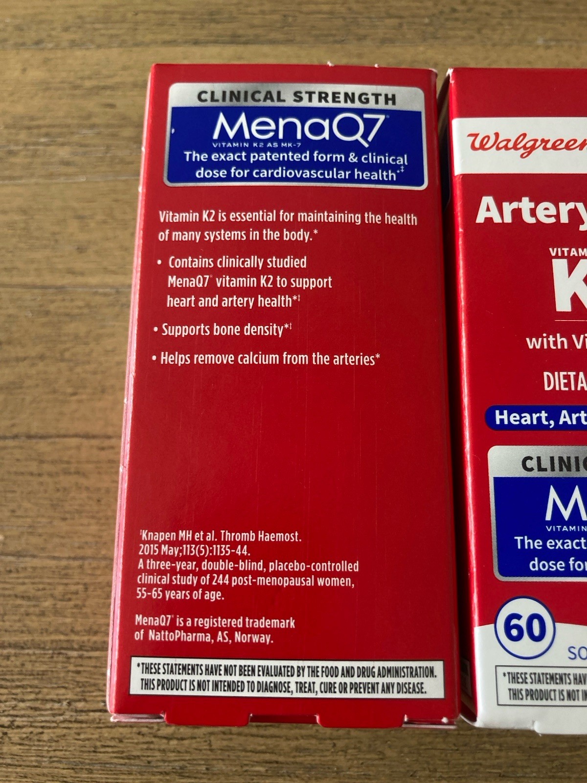 Walgreens Artery Health Vitamin K2 180mcg Vitamin D3 800 IU MenaQ7 120 Total