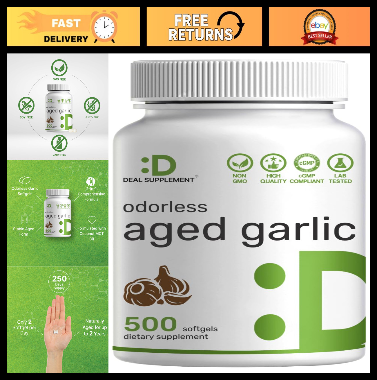Odorless Aged Garlic Softgels 500ct with MCT Oil – Non-GMO, 2-Year Extract