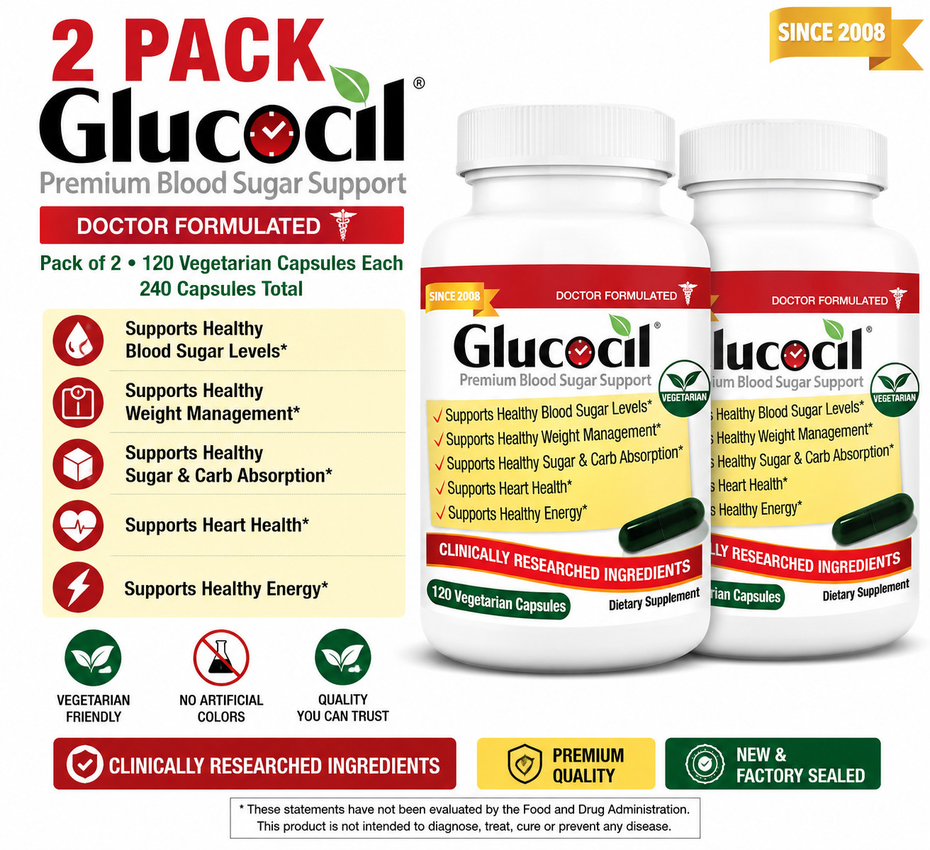 2-Pack Glucocil Blood Sugar Support 30-Day Supply 120 Softgels Each New with Box