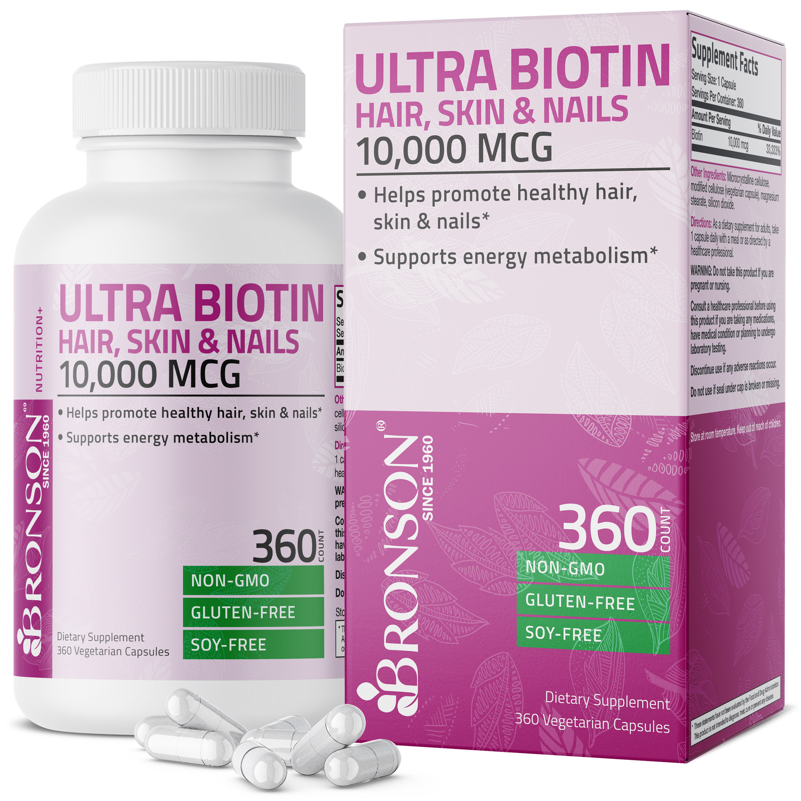 Bronson Ultra Biotin 10,000mcg Non-GMO Gluten Free Soy Free, 360 Capsules