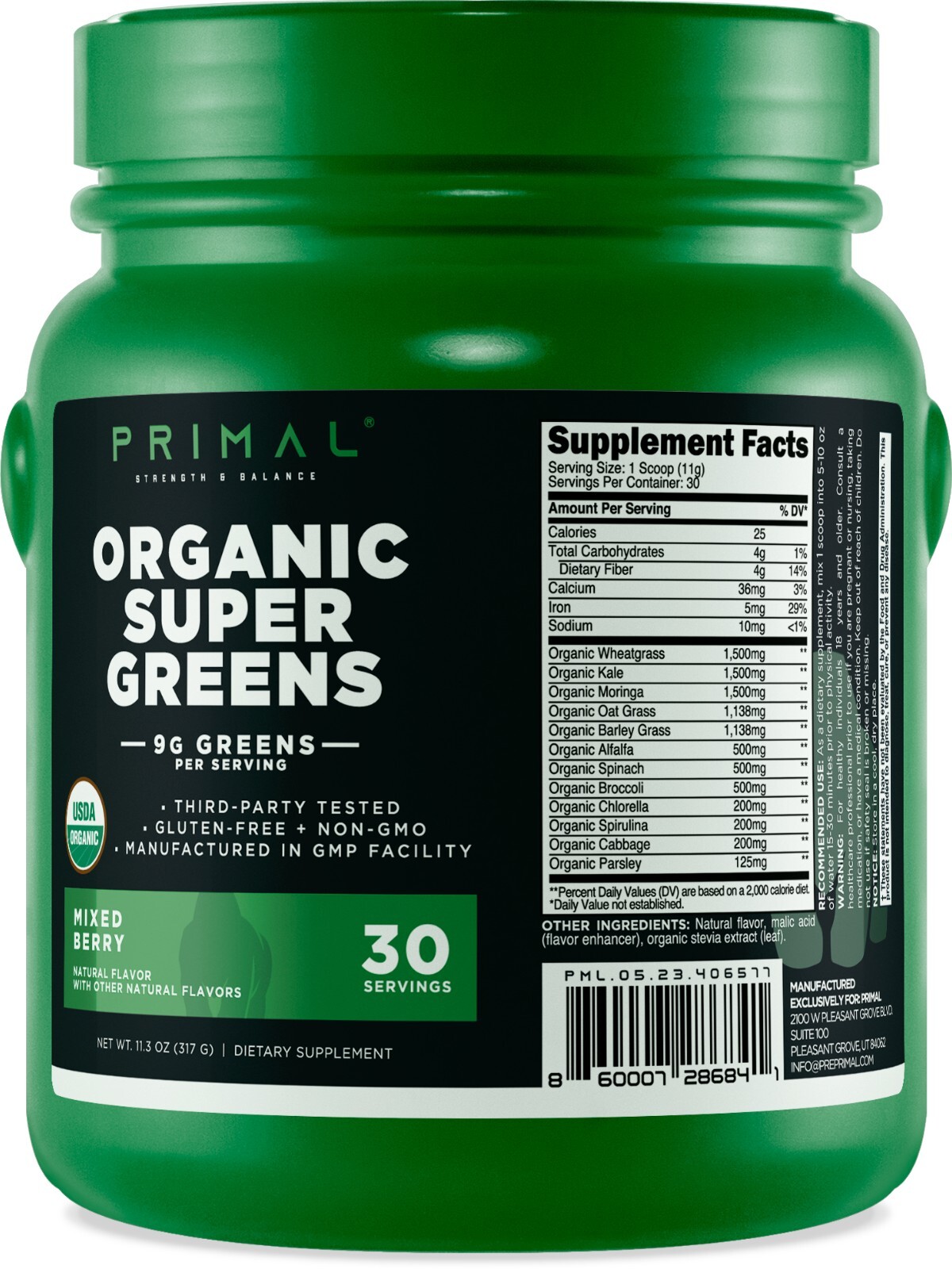 Primal Organic Super Greens (30 Servings) (Mixed Berry Flavor) – Gluten Free