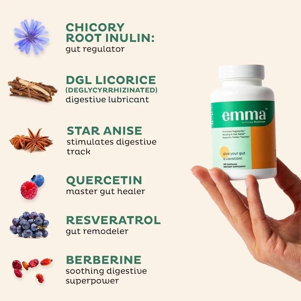 Emma Gut Health Supplement 60 Capsules for Bloating Relief & Leaky Gut ++