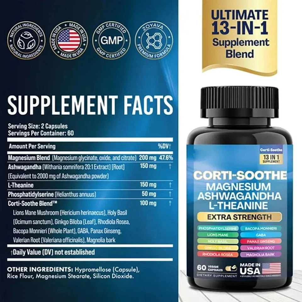 CORTI-SOOTHE Cortisol Magnesium Ashwagandha L-theanine – Relieve Stress