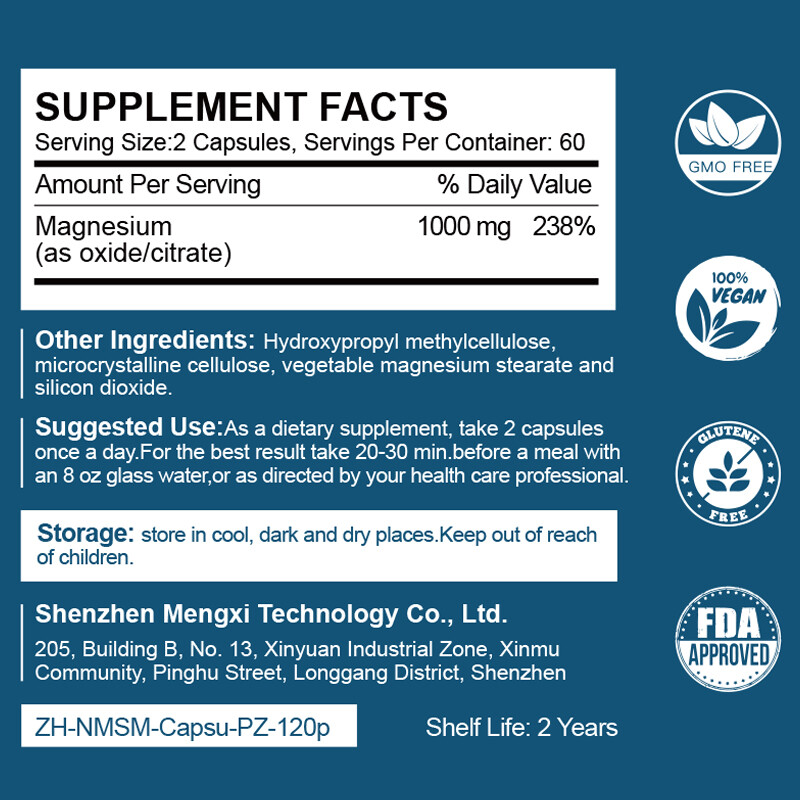 Magnesium Citrate 1000mg per Serving – 120/240/480 Vegetarian Capsules (Provide