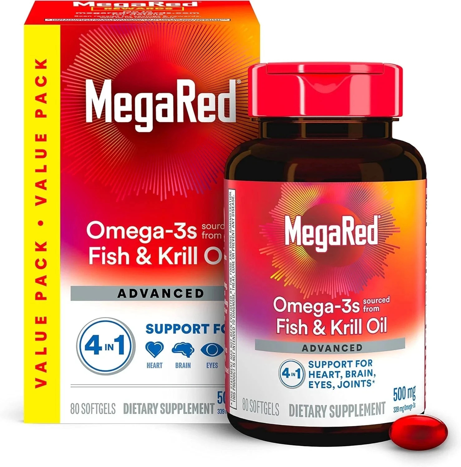 pack of 5 MegaRed Advanced Omega-3 500mg – 80 Softgels – Heart & Joint Support