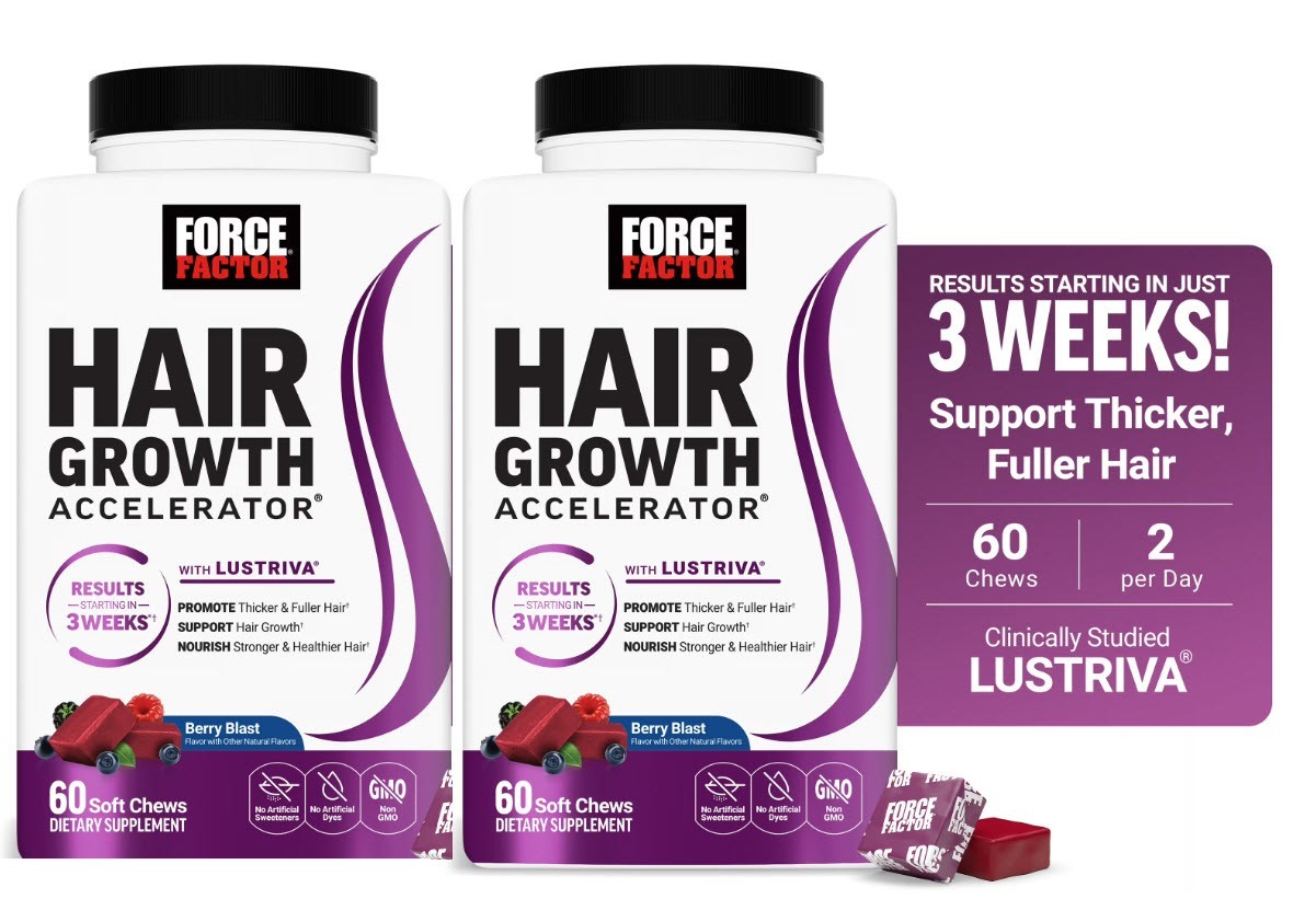 2-PK FORCE FACTOR HAIR GROWTH ACCELERATOR W/ LUSTRIVA BERRY BLAST CHEWS 60 CT