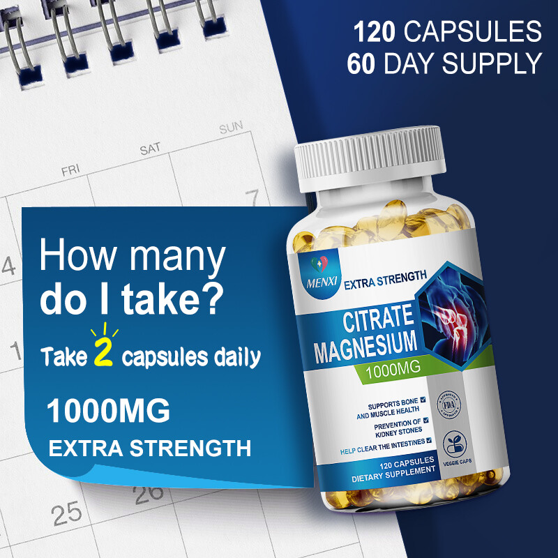 MENXI Magnesium Citrate 120 Capsules, 1000mg, 60 Servings – Gluten Free