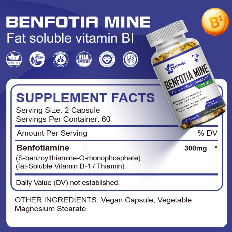 Benfotiamine 300mg, 120/240/480 Veg Capsules, Fat Soluble Thiamine Vitamin B1