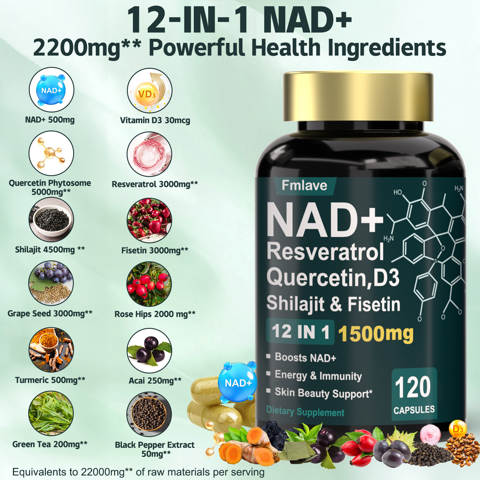 NAD supplement, 1500mg resveratrol containing supplement, 120 capsules USA Ship