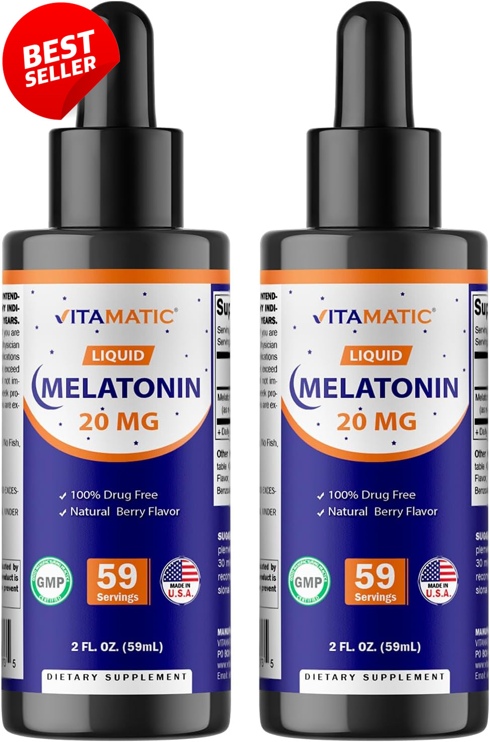 Melatonin Liquid Drops 20mg 2 Pack 2 fl oz Berry Flavor Non-GMO Supplement – US