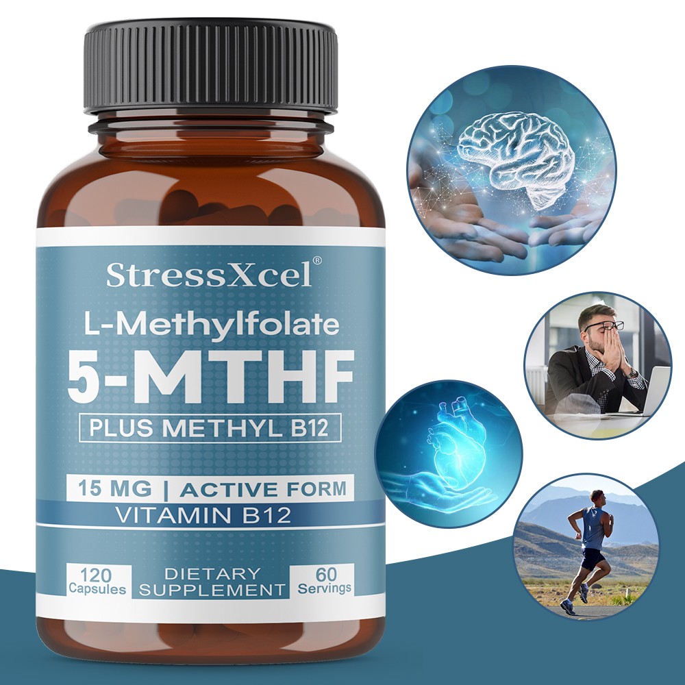 StressXcel L-Methylfolate 5-MTHF 15 mg Active B9 Plus Methyl B12 120 Servings