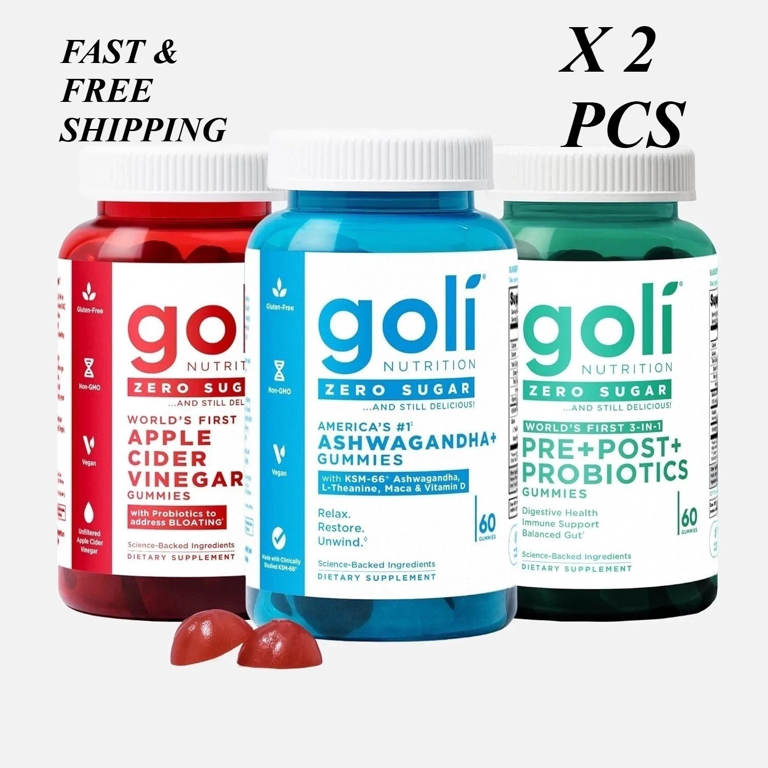 2 SETS- 3 Bottles Goli Zero Sugar Best Seller Trio Set Gummies 60Caps Per Bottle