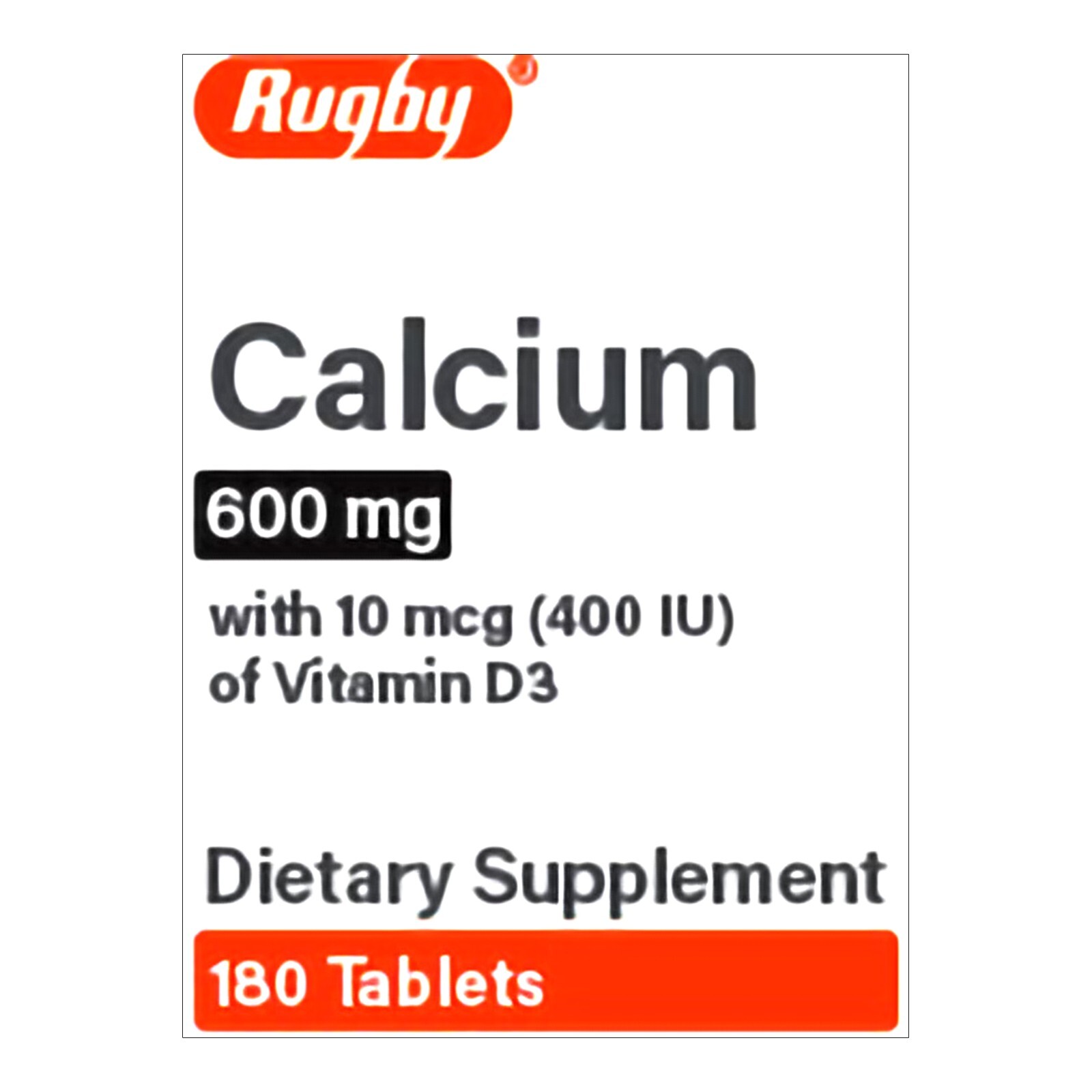 Rugby Calcium 600 mg with Vitamin D3, Dietary Supplement for Bones, 180 Tablet