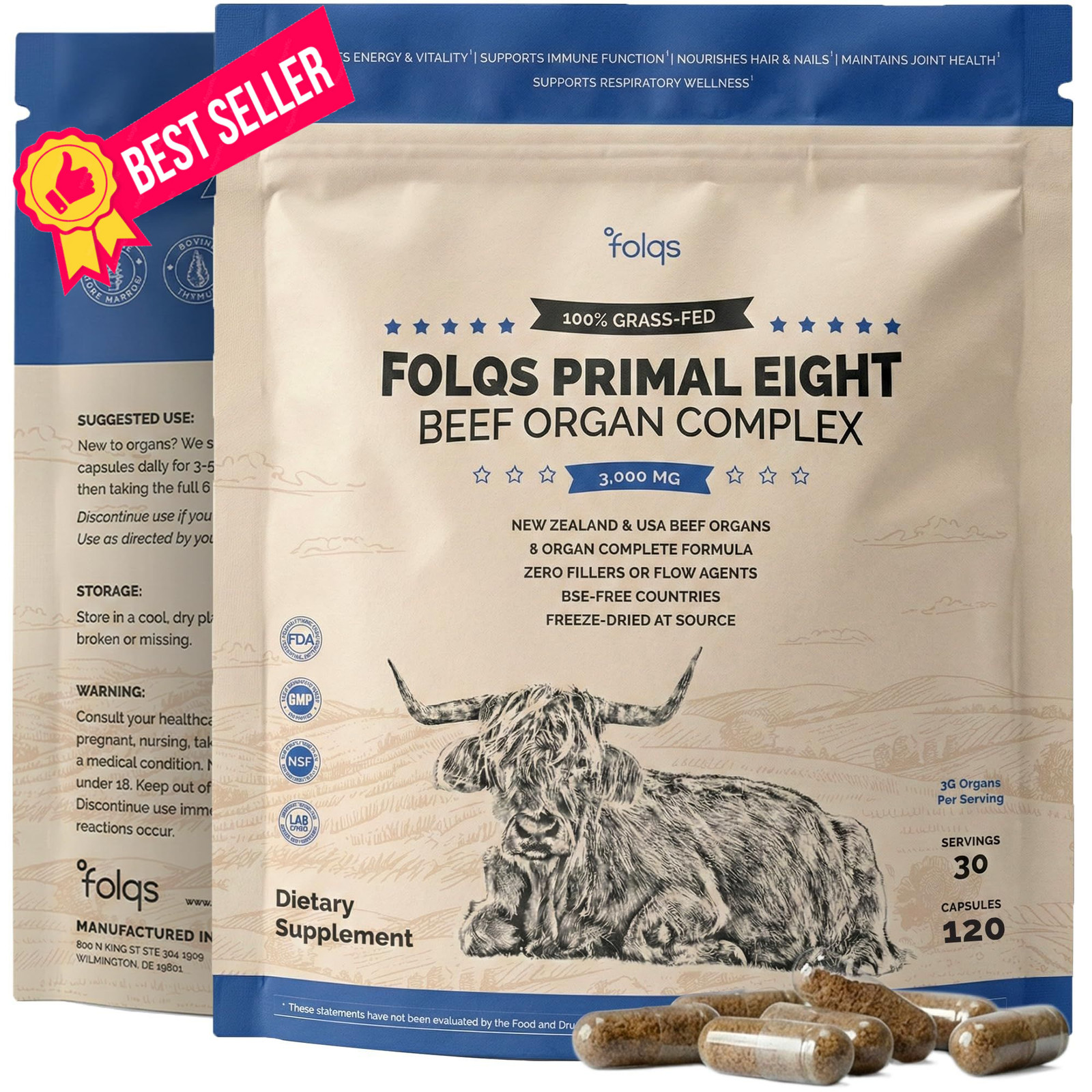 Folqs Grass Fed Beef Organ Supplement 3000mg (8 Organs) – 1 Count (Pack of 1)