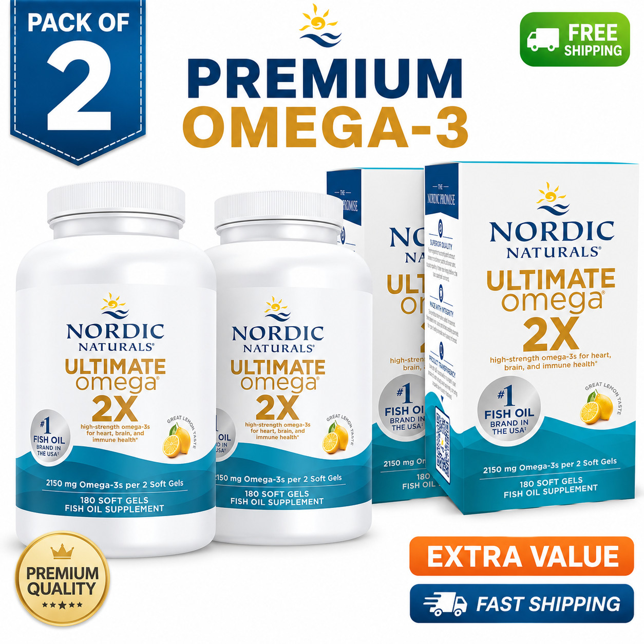 LOT 2 NordicNaturals Ultimate Omega 2X 180 Softgels,Lemon Flavour Exp 1/2027