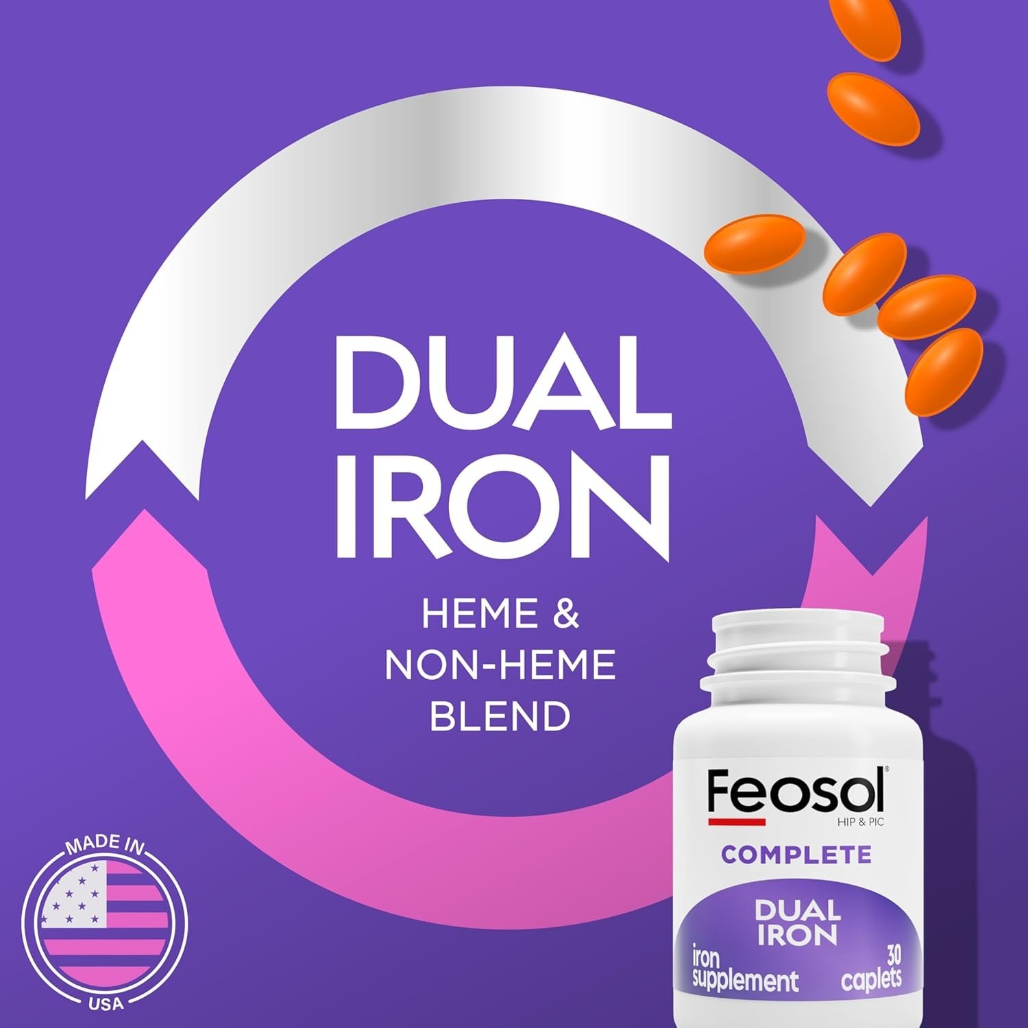 Complete Iron Supplement Caplets for All Ages 12+, 30 Count – Fast Absorption