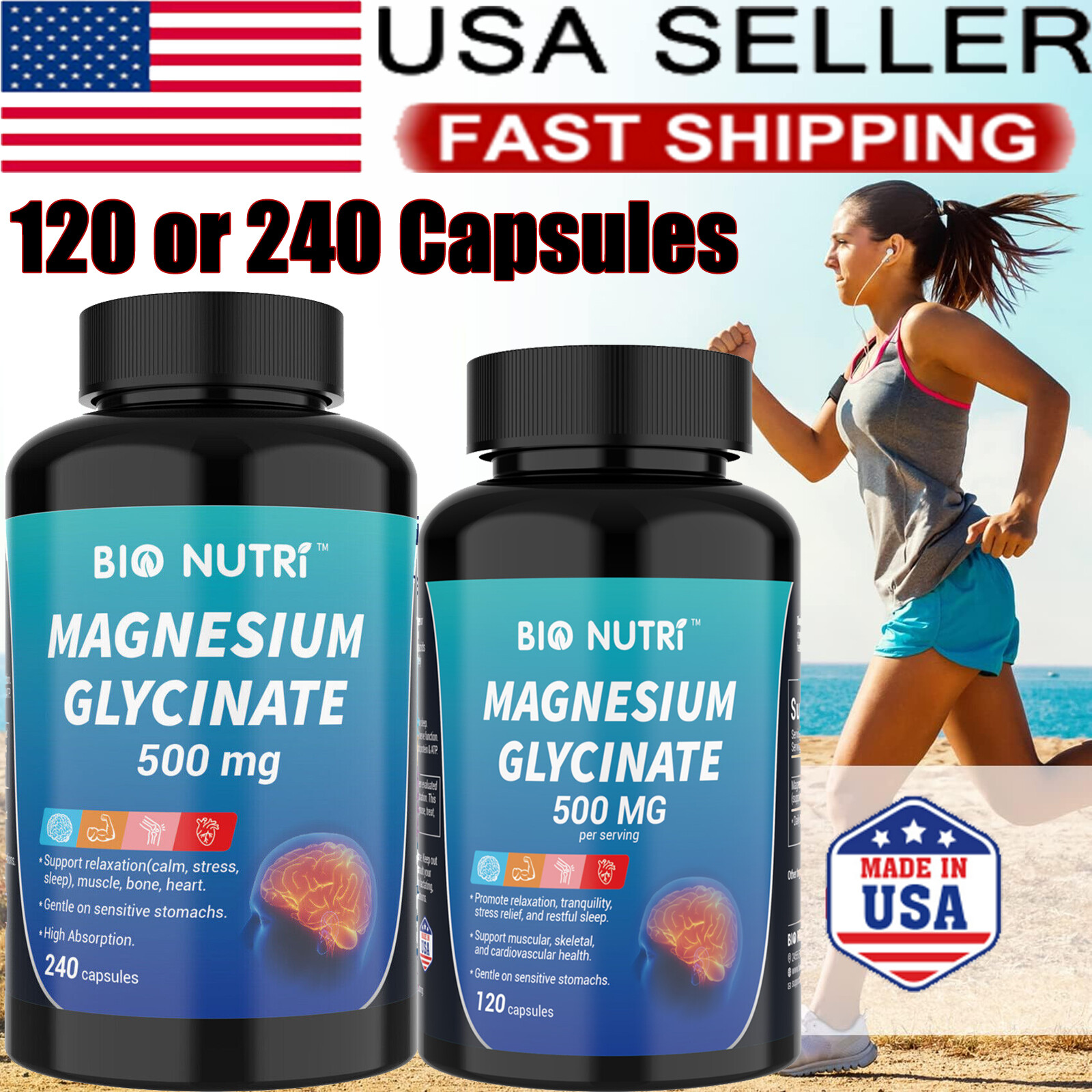 Magnesium Glycinate 500mg High Absorption Non-GMO Muscle Bone & Heart Health USA