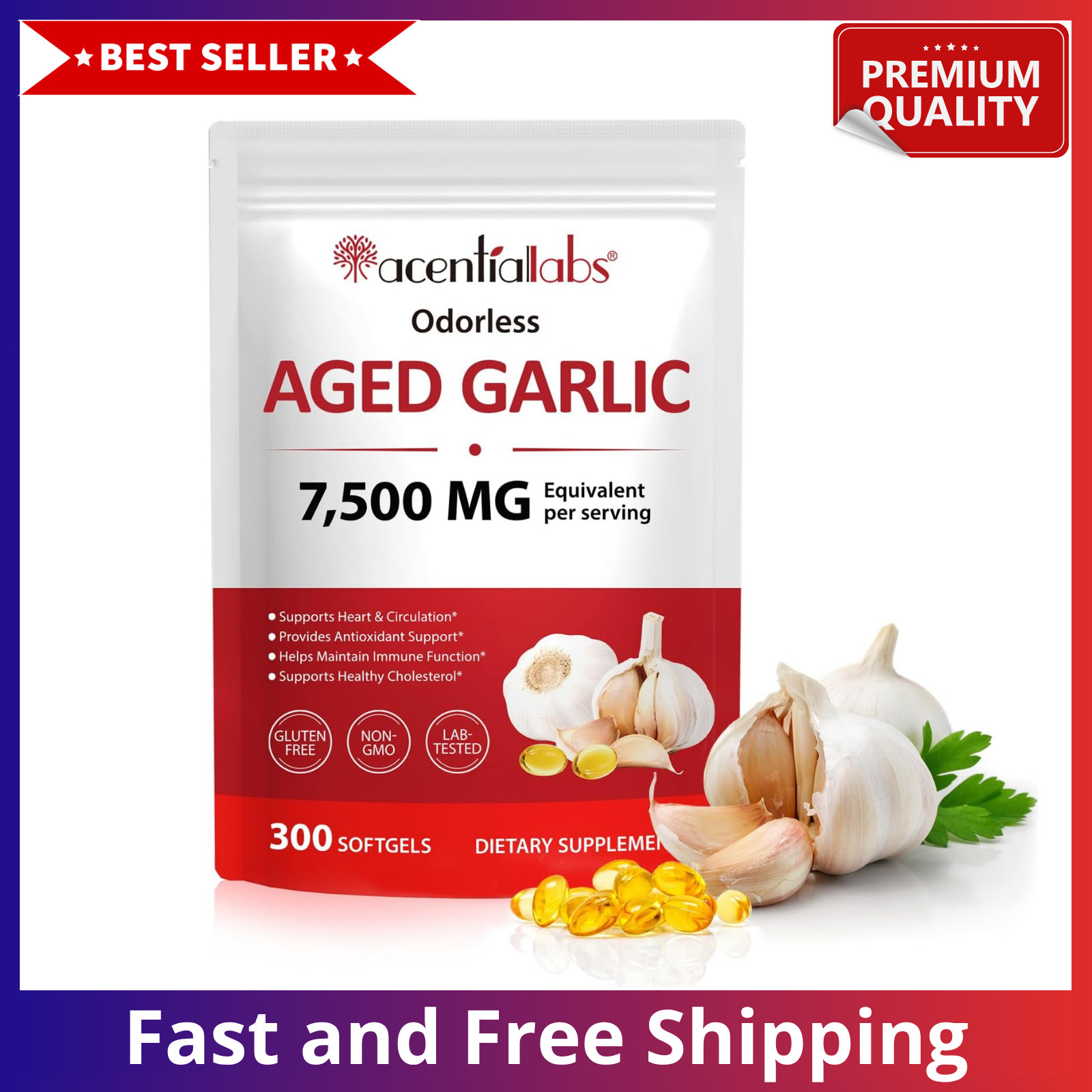 Odorless Garlic 7500Mg per Servings, 300 Softgels | 2 Years Aged Garlic Extra…