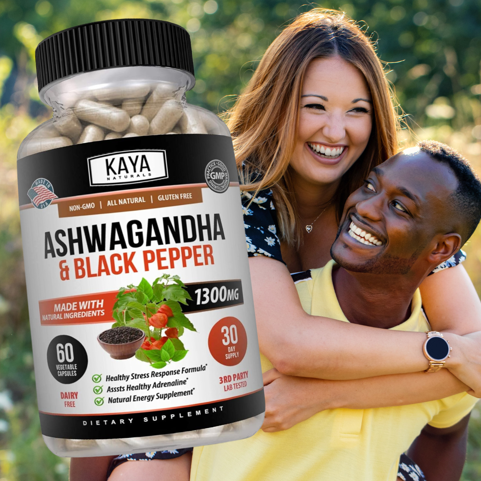 Organic Ashwagandha Capsules 1300mg Supplement w/ Black Pepper Root Powder