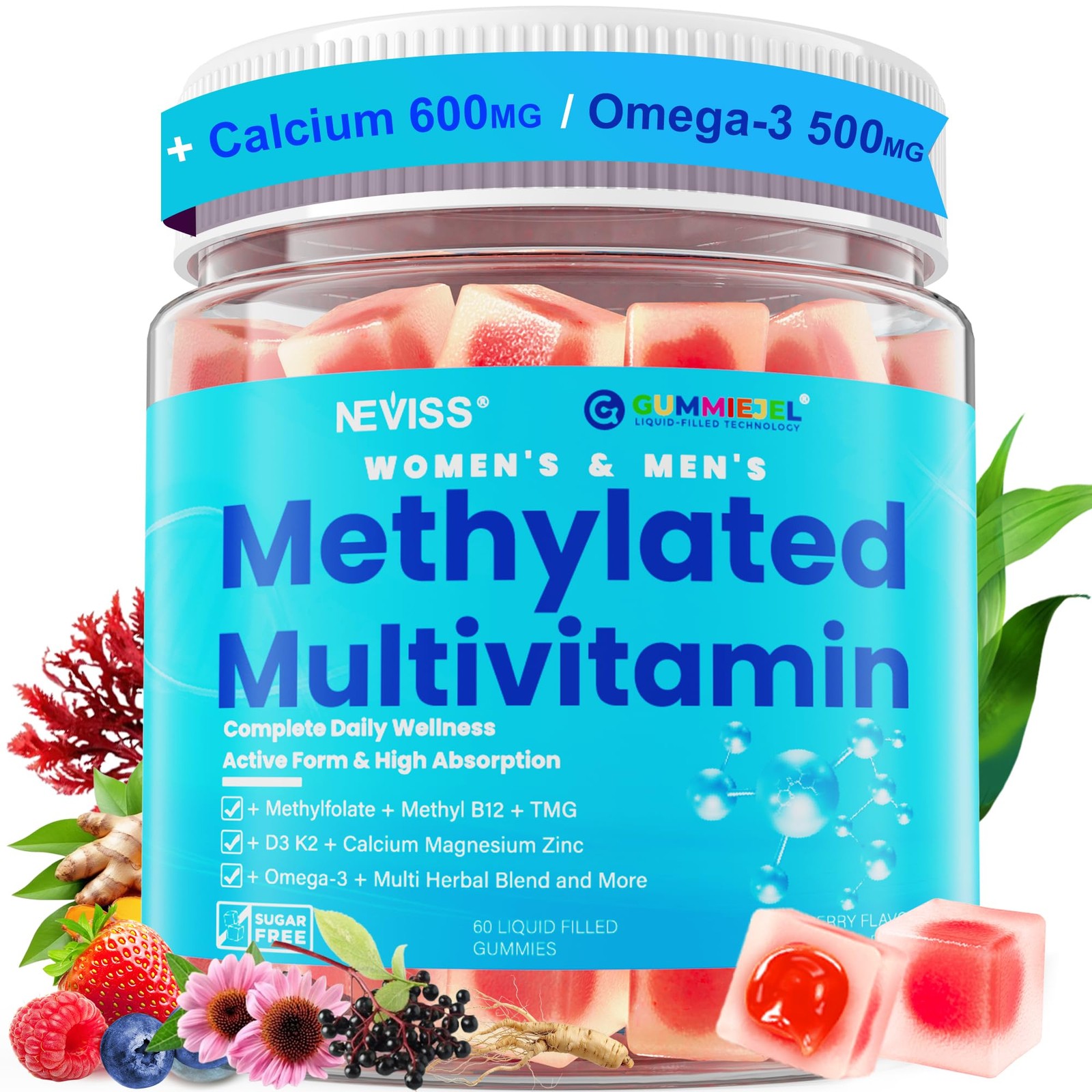 Methylated Multivitamin for Women & Men Gummies w/ Omega-3, Calcium, D3 K2, M…