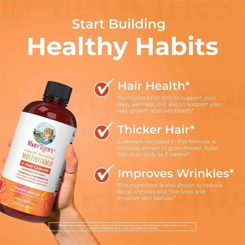 Mary Ruth’s Liquid Morning Multivitamin + Hair Growth – Peach Mango – 15 fl oz++