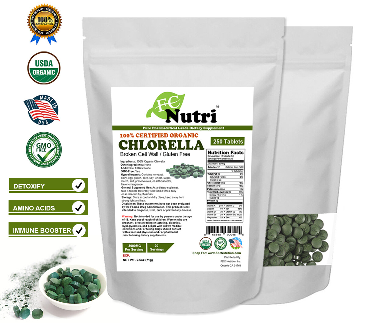Organic Chlorella Tablets Broken Cell 3000mg Per Serving, 250 Tablets Non GMO