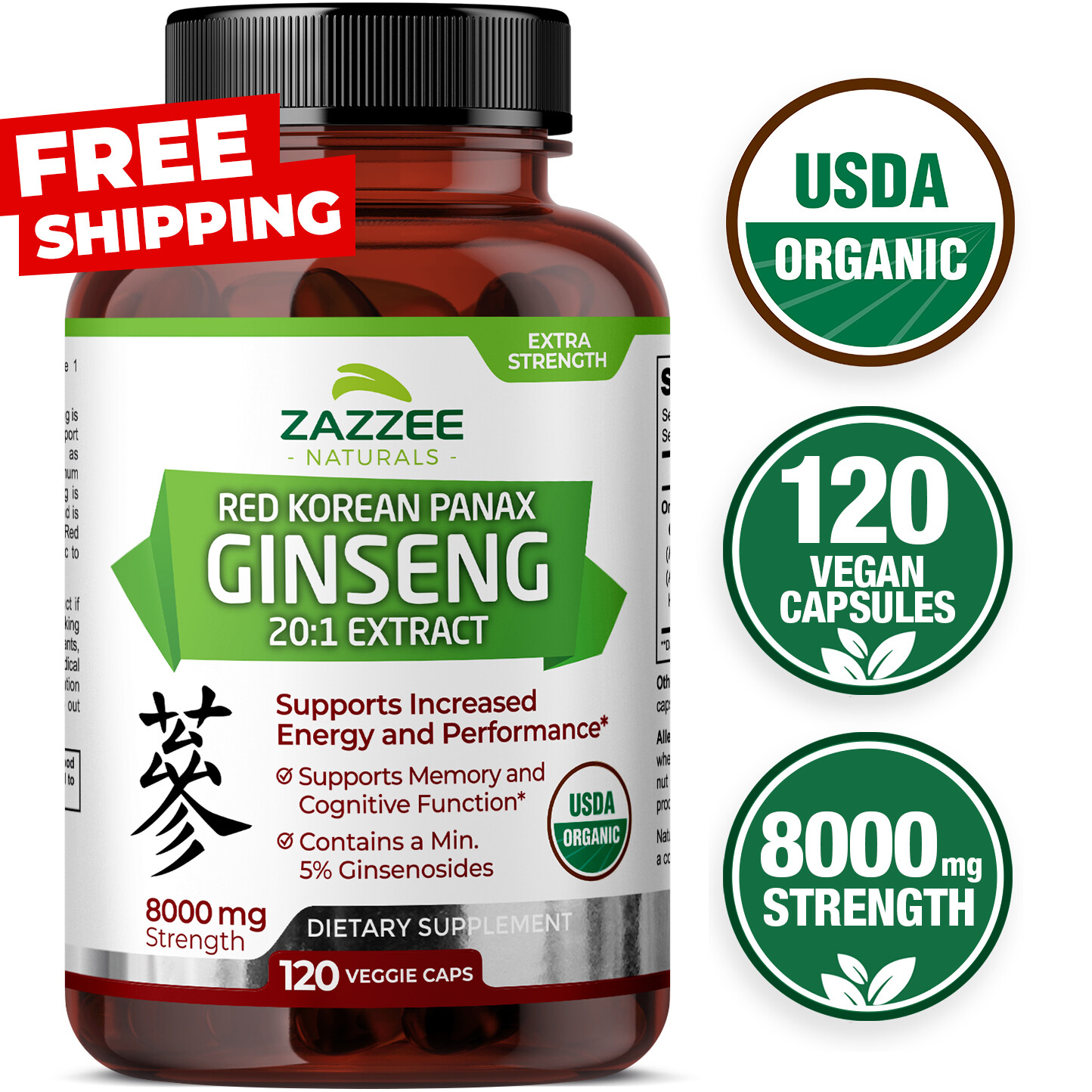 USDA Organic Extra Strength Red Korean Panax Ginseng, 8000 mg Strength