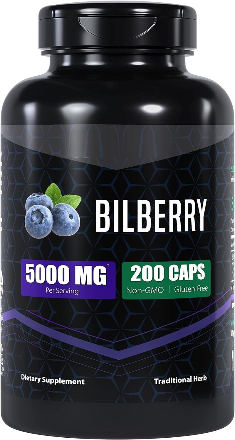 Bilberry 5000mg 200 Caps Vaccinium myrtillus Non GMO/Gluten Free/No Preservativ
