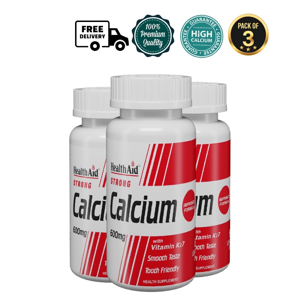 3x Health.Aid Strong Calcium 600mg D3 K2-7 60 Tablets