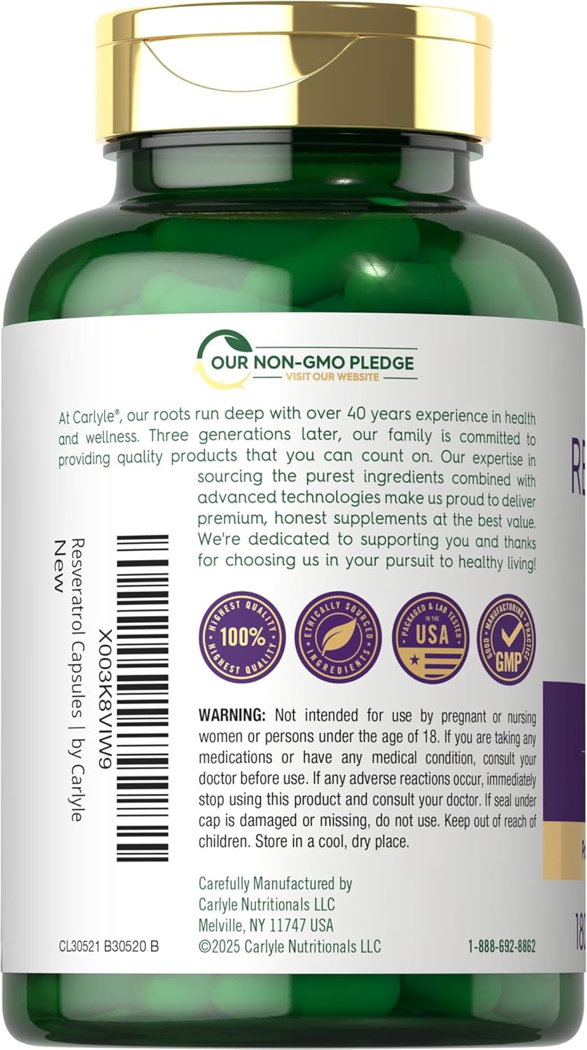 Resveratrol Complex – 180 Capsules – Trans Resveratrol Supplement with Grape See