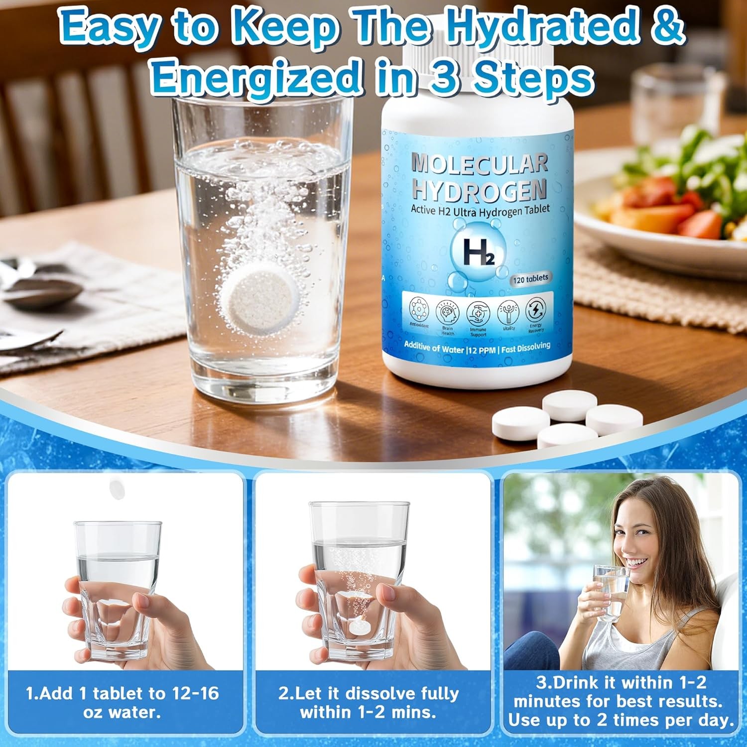 Molecular Hydrogen Tablets 12 PPM Hydrogen Water Supplement with Magnesium