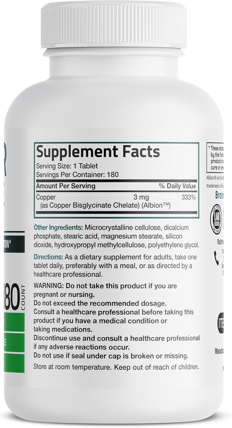 Copper Glycinate 3Mg Chelated Superior Absorption Non-Gmo, 180 Vegetarian Tablet