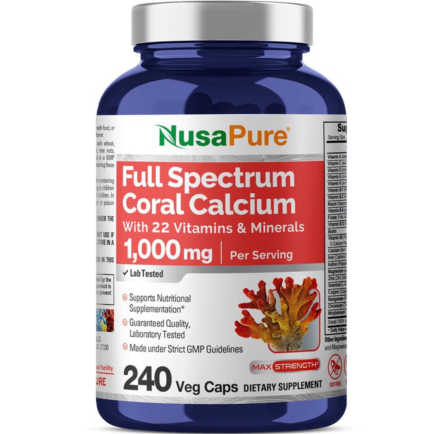 NusaPure Coral Calcium 1000 mg – 240 Caps (Non-GMO & Soy Free)