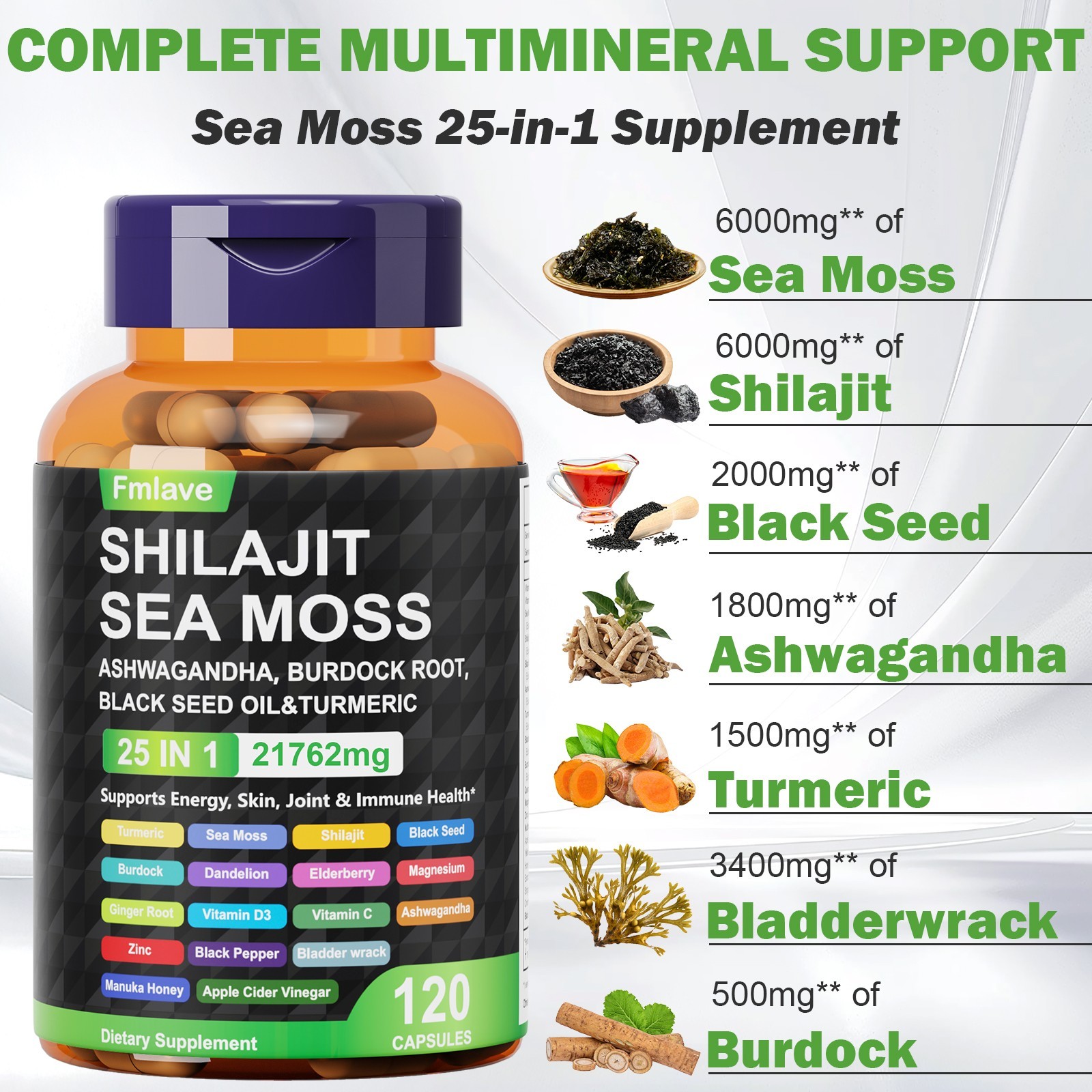 120 Pills Organic Irish Sea Moss 21762MG with Burdock Root Bladderwrack Shilajit