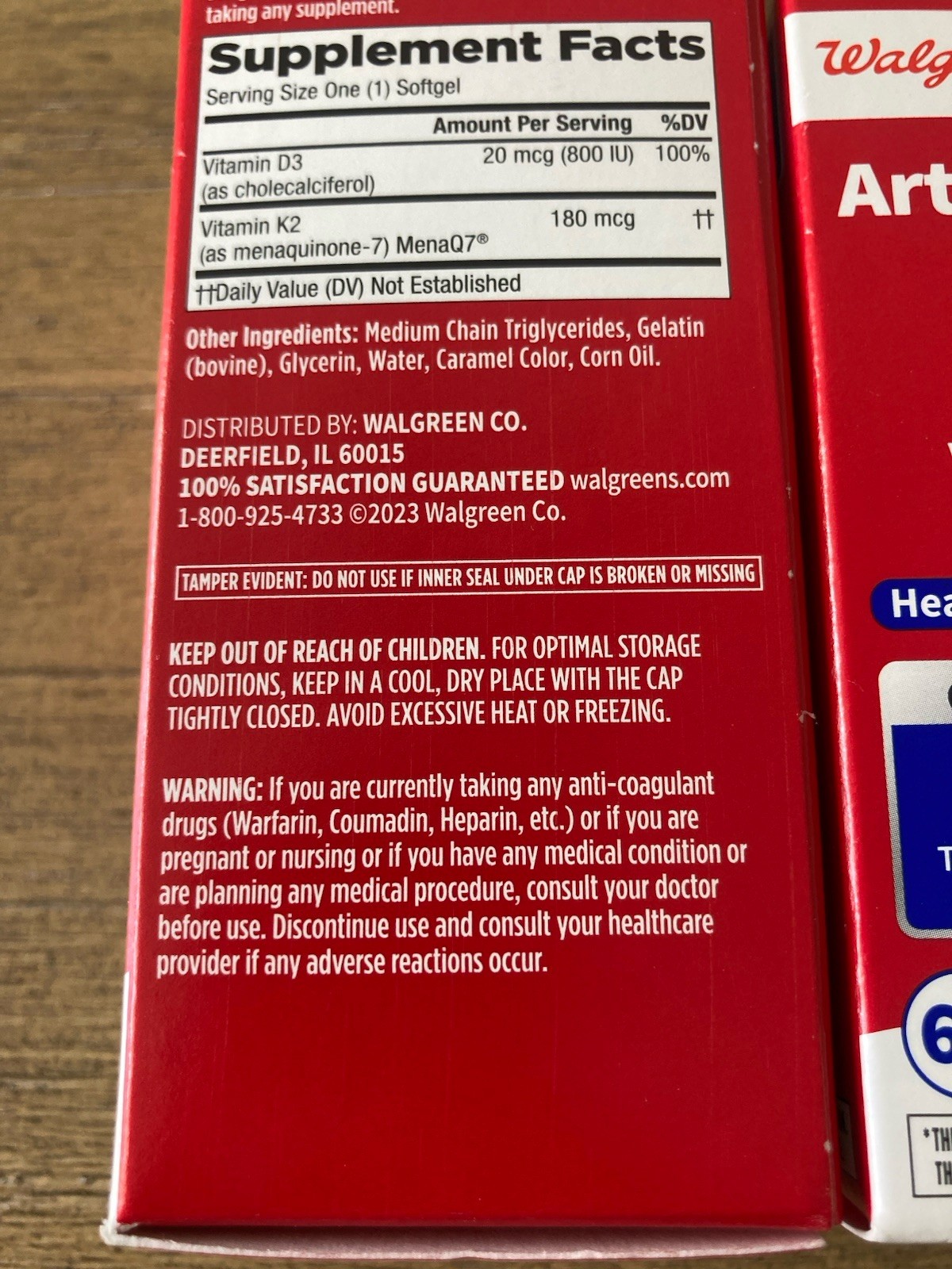 Walgreens Artery Health Vitamin K2 180mcg Vitamin D3 800 IU MenaQ7 120 Total