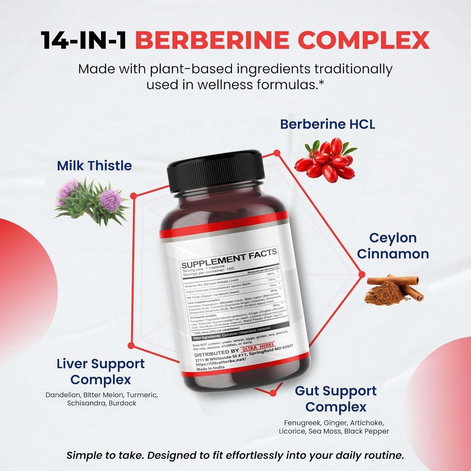 150 Capsules of Natural Berberine with Cinnamon – Supports Liver & Gut Health