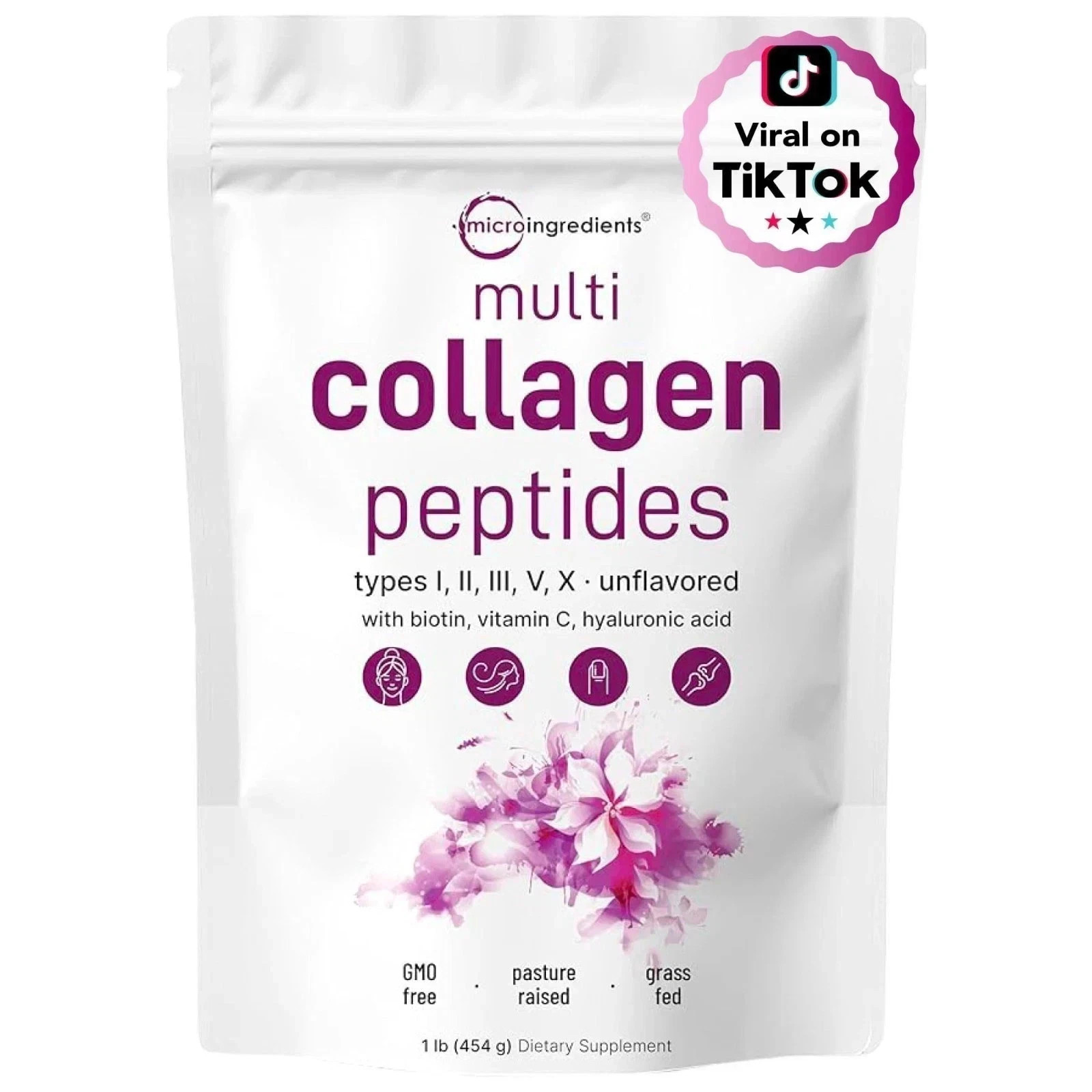 Multi Collagen Peptides Powder–Hydrolyzed Protein with Type I, II, III, V, X 1LB