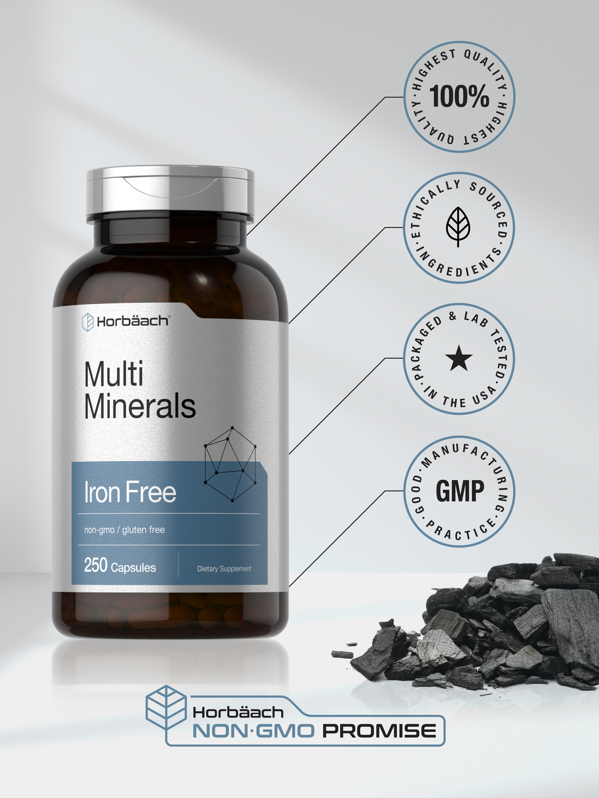 Multi Mineral Supplement | 250 Capsules | Iron Free | Non-GMO | by Horbaach